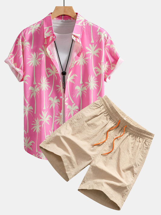 Palm Tree Print Button Up Shirt & Swim Shorts
