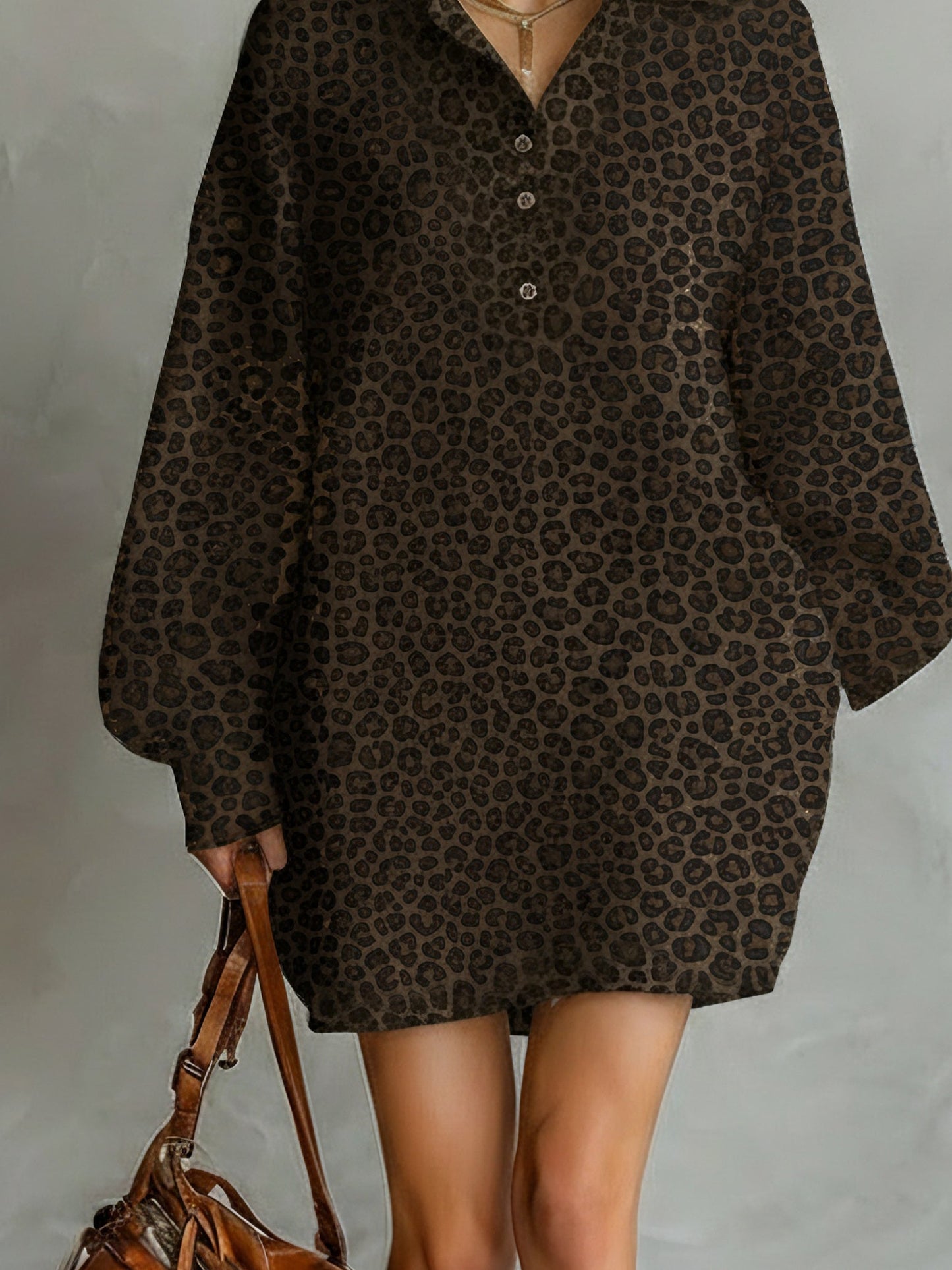 Brown Leopard Print Loose Open Neckline Long Sleeve Dress