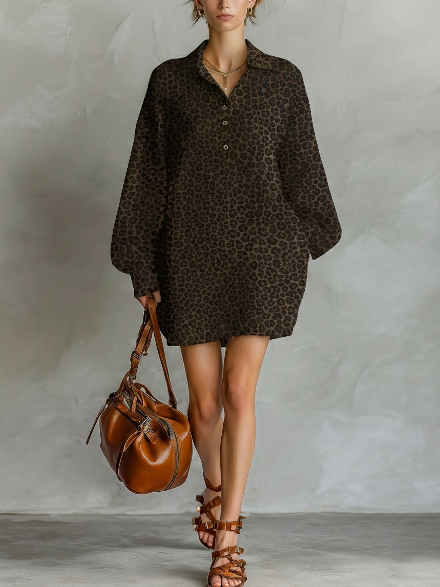 Brown Leopard Print Loose Open Neckline Long Sleeve Dress
