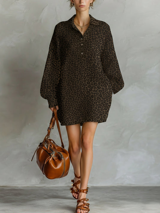 Brown Leopard Print Loose Open Neckline Long Sleeve Dress