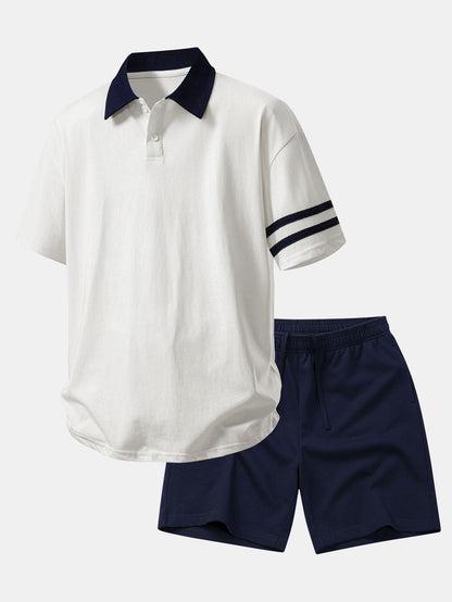 Relax Fit Contrast Collar Polo Shirt & Cotton Drawstring 7" Shorts