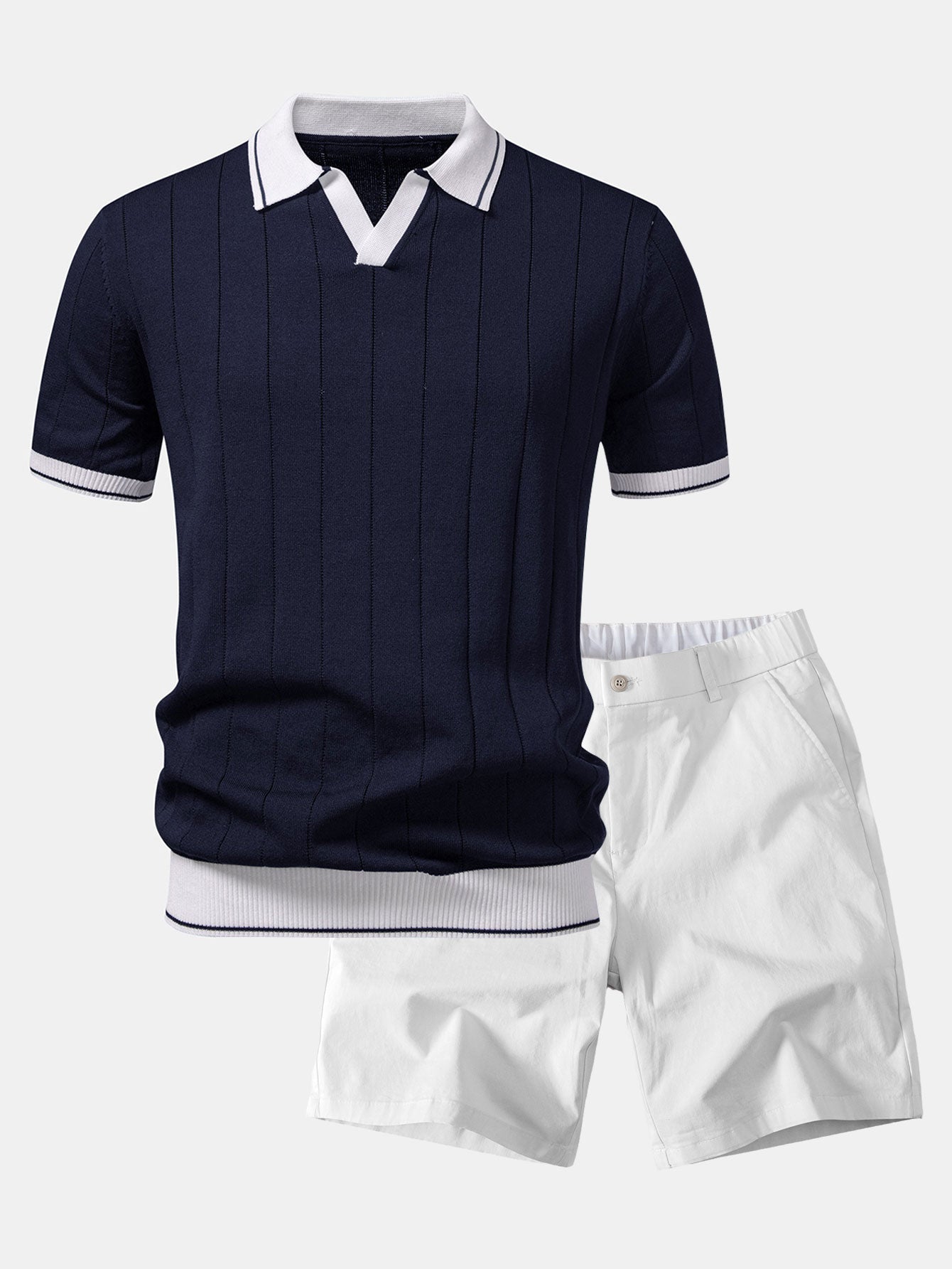Contrast Trim Ribbed Johnny Collar Knit Polo & Elastic Waist Chino Shorts