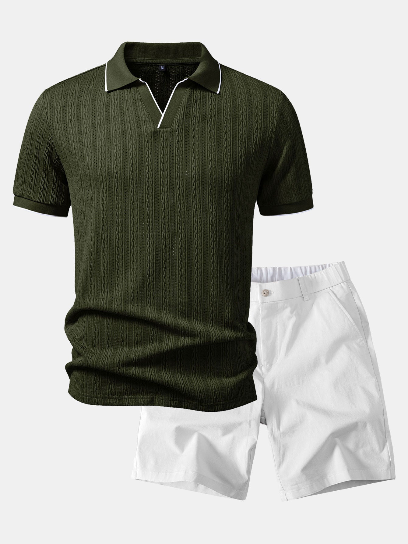 Geometric Jacquard Johnny Collar Polo & Elastic Waist Chino Shorts