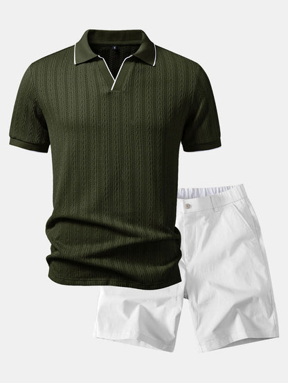 Geometric Jacquard Johnny Collar Polo & Elastic Waist Chino Shorts