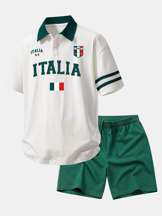 Relax Fit Italy Print Contrast Collar Polo Shirt & Cotton Drawstring 7" Shorts