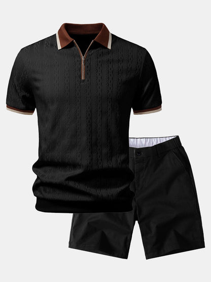 Contrast Trim Textured Zipper Knit Polo & Elastic Waist Chino Shorts