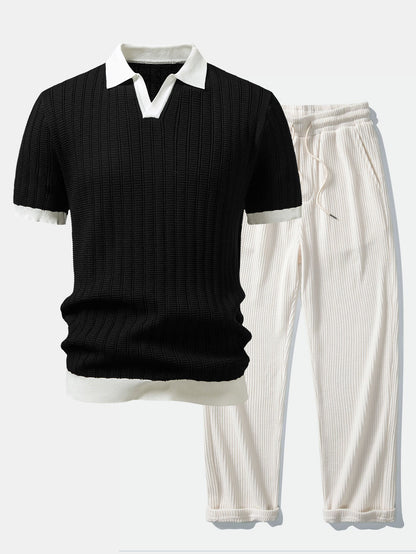 Contrast Textured Johnny Collar Knit Polo & Drawstring Knitted Waffle Pants