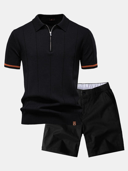 Contrast Trim Zipper Knit Polo Shirt & Elastic Waist Chino Shorts