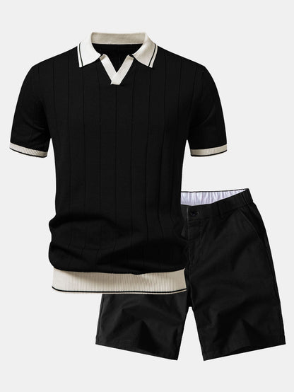 Contrast Trim Ribbed Johnny Collar Knit Polo & Elastic Waist Chino Shorts