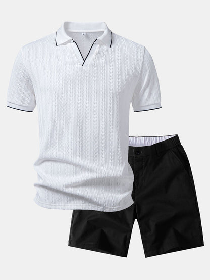 Geometric Jacquard Johnny Collar Polo & Elastic Waist Chino Shorts
