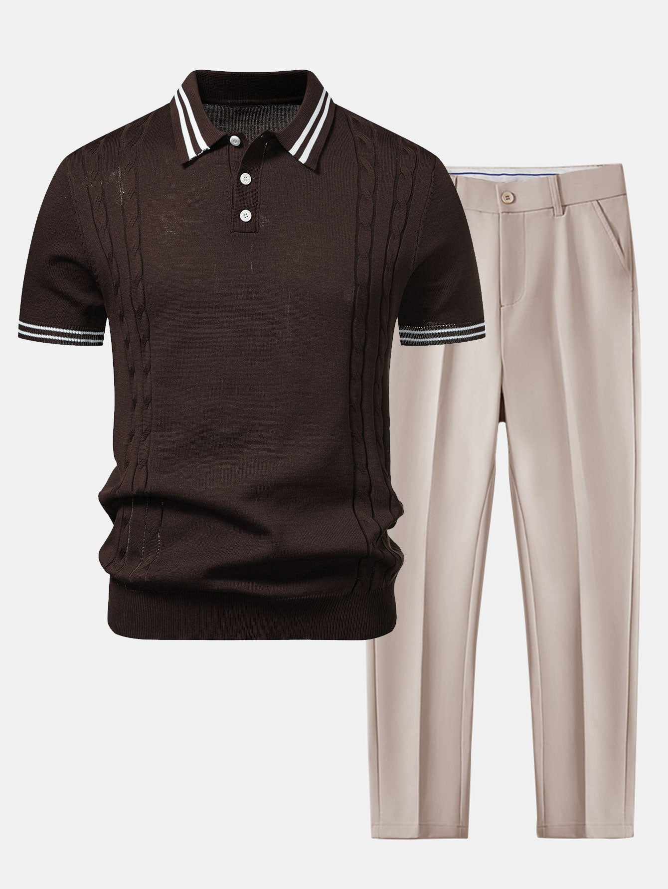 Contrast Trim Twisted Jacquard Knit Polo & Slim Fit Tapered Trousers