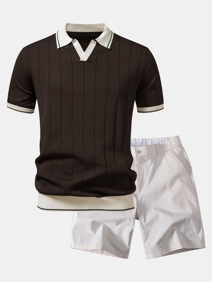 Contrast Trim Ribbed Johnny Collar Knit Polo & Elastic Waist Chino Shorts