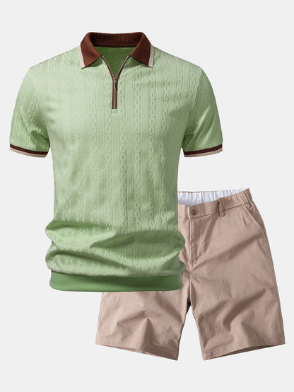 Contrast Trim Textured Zipper Knit Polo & Elastic Waist Chino Shorts
