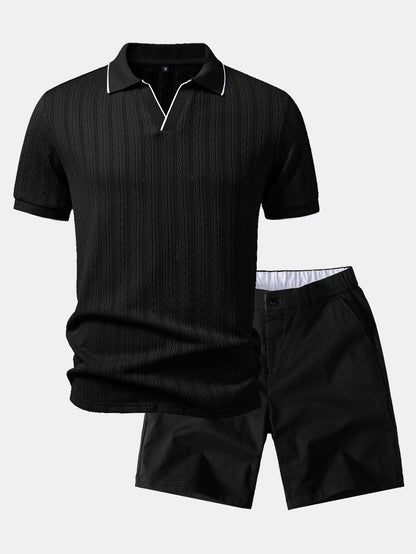 Geometric Jacquard Johnny Collar Polo & Elastic Waist Chino Shorts