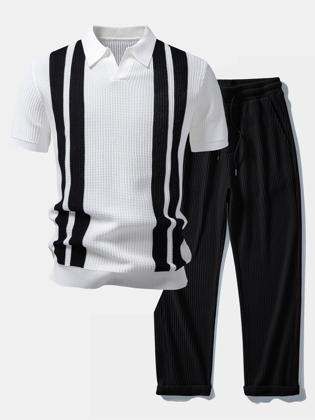 Stripe Johnny Collar Knit Polo & Drawstring Knitted Waffle Pants
