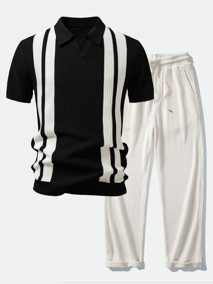Stripe Johnny Collar Knit Polo & Drawstring Knitted Waffle Pants