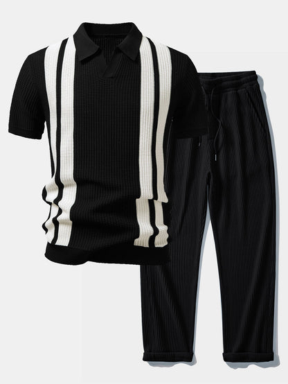 Stripe Johnny Collar Knit Polo & Drawstring Knitted Waffle Pants