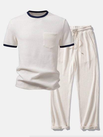 Contrast Waffle T-Shirt With Pocket & Drawstring Knitted Waffle Pants