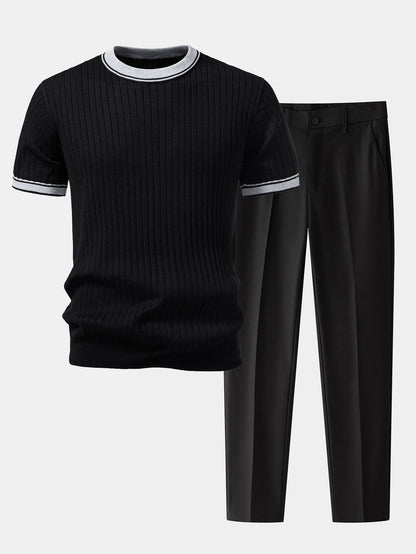 Contrast Trim Crew Neck Knit T-Shirt & Slim Fit Tapered Trousers