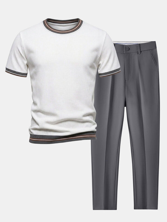Textured Contrast Crew Neck Knit T-Shirt & Slim Fit Tapered Trousers