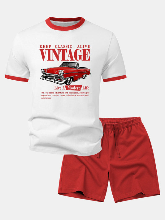 Vintage Car Print Contrast Ringer T-Shirt & Cotton Drawstring 7" Shorts