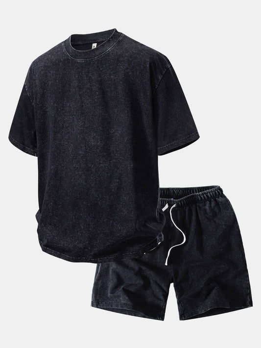 Washed Distressed Drop Shoulder Oversize T-Shirt & Drawstring Shorts