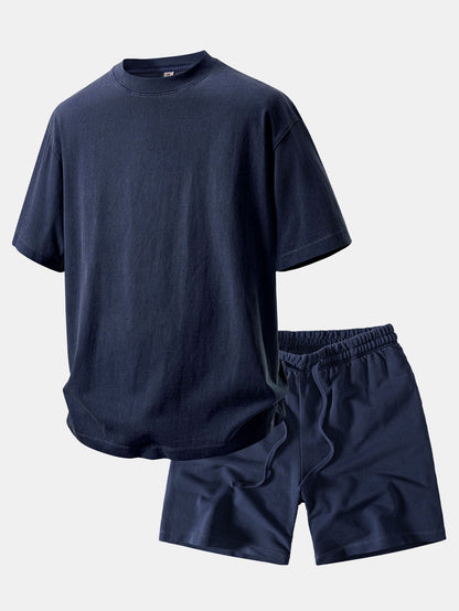 Heavyweight Washed Drop Shoulder T-Shirt & Distressed Shorts Set