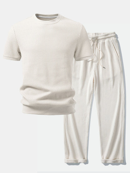 Waffle Ribbed Hem T-Shirt & Drawstring Knitted Waffle Pants
