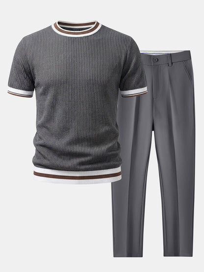 Textured Contrast Crew Neck Knit T-Shirt & Slim Fit Tapered Trousers