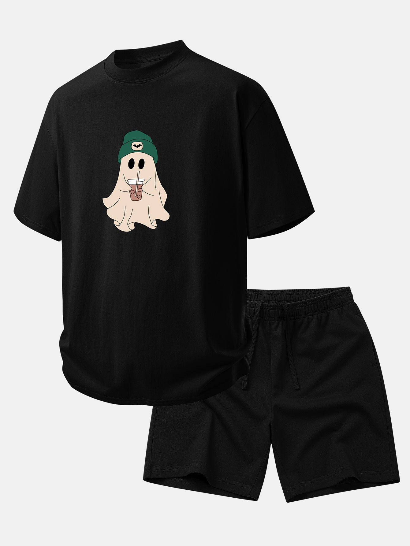 Relax Fit Darkgreen Hat Ghost Print Cotton T-Shirt & Cotton Drawstring 7" Shorts