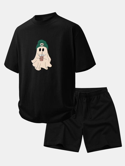 Relax Fit Darkgreen Hat Ghost Print Cotton T-Shirt & Cotton Drawstring 7" Shorts