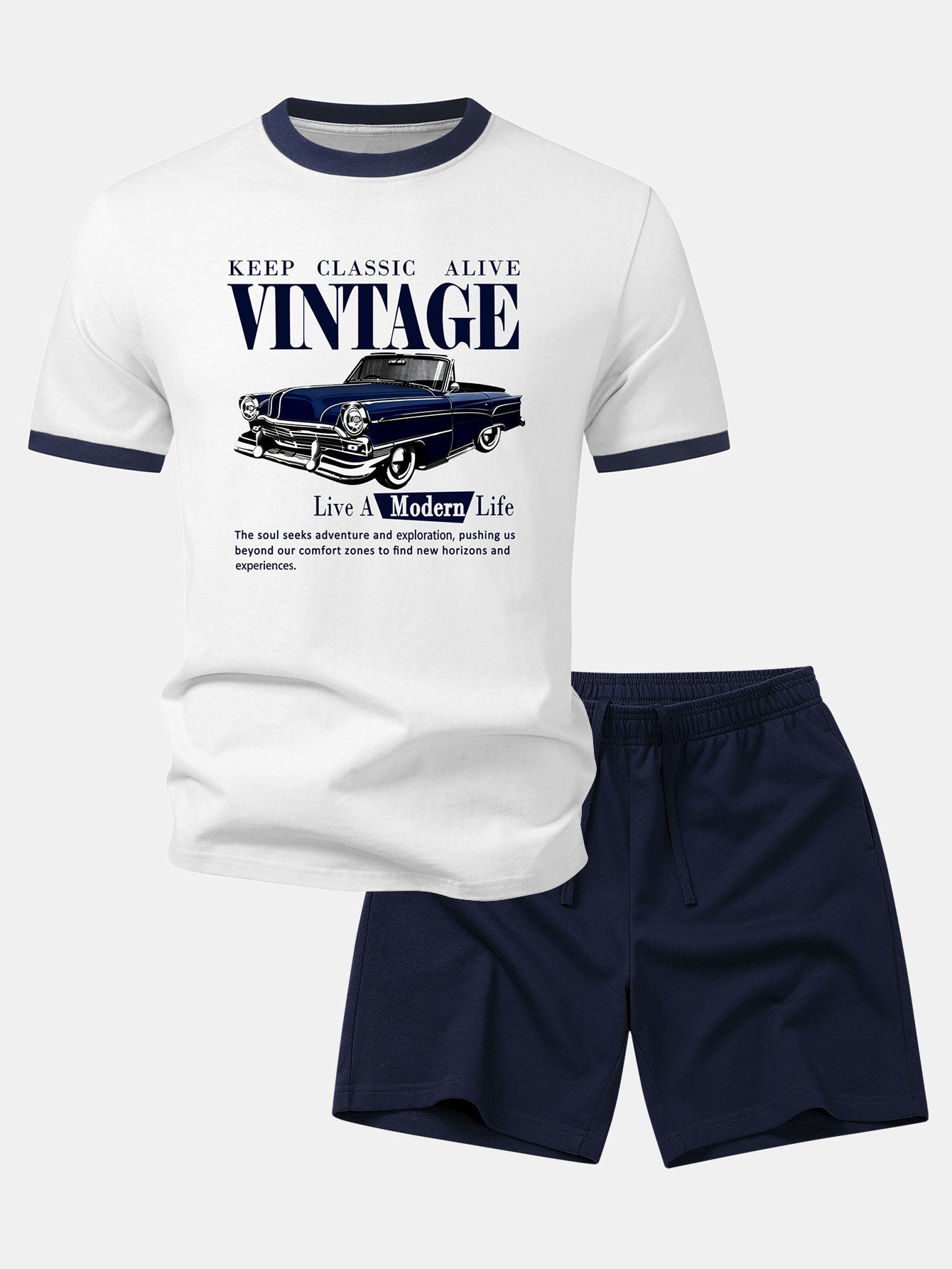 Vintage Car Print Contrast Ringer T-Shirt & Cotton Drawstring 7" Shorts