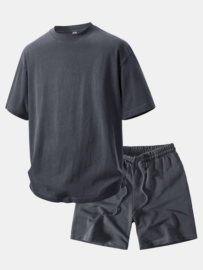 Heavyweight Washed Drop Shoulder T-Shirt & Distressed Shorts Set