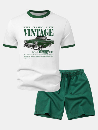 Vintage Car Print Contrast Ringer T-Shirt & Cotton Drawstring 7" Shorts