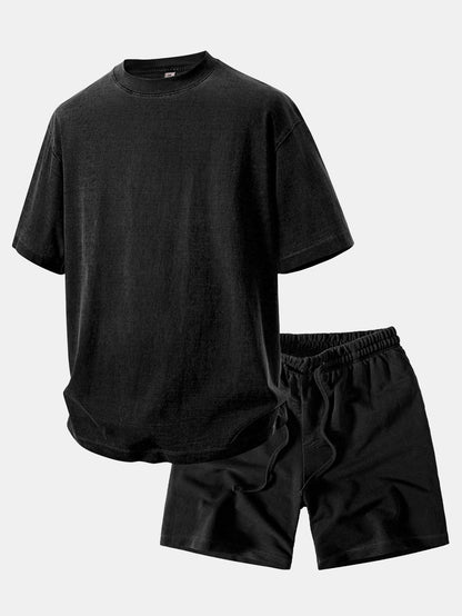 Heavyweight Washed Drop Shoulder T-Shirt & Distressed Shorts Set