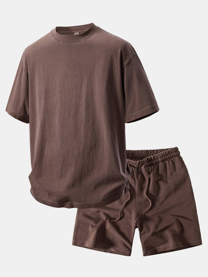 Heavyweight Washed Drop Shoulder T-Shirt & Distressed Shorts Set