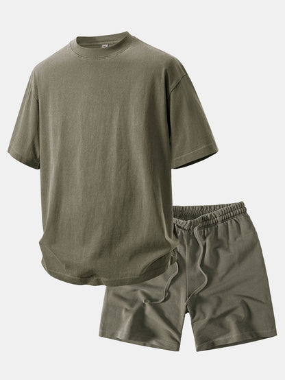 Heavyweight Washed Drop Shoulder T-Shirt & Distressed Shorts Set