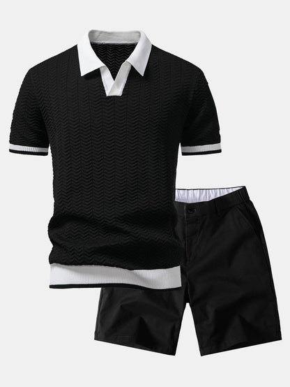 Texture Contrast Knitted V Neck Polo Shirt & Elastic Waist Chino Shorts