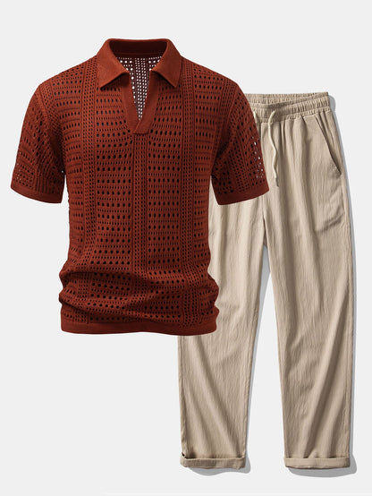 Crochet  V Neck Polo Shirt & Crinkle Textured Straight Leg Pants