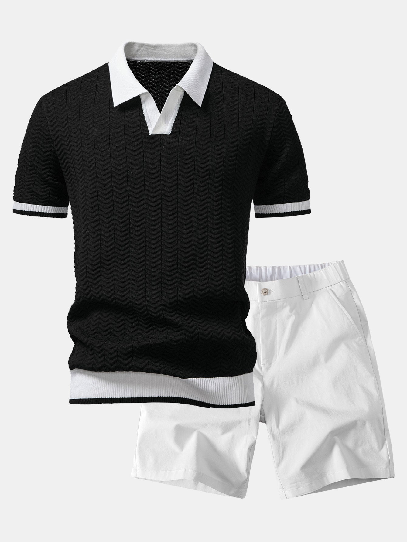 Texture Contrast Knitted V Neck Polo Shirt & Elastic Waist Chino Shorts