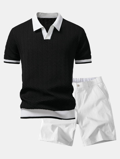 Texture Contrast Knitted V Neck Polo Shirt & Elastic Waist Chino Shorts