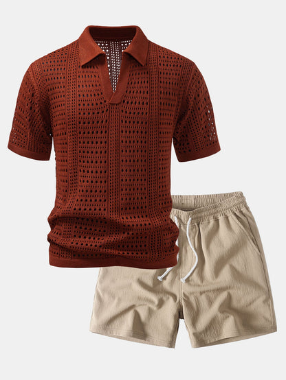 Crochet  V Neck Polo Shirt & Crinkle Textured Drawstring 5" Shorts