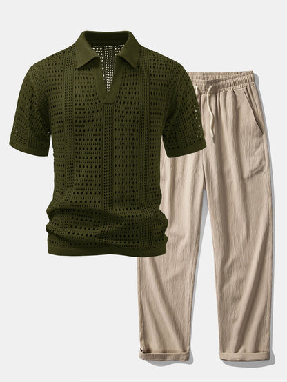 Crochet  V Neck Polo Shirt & Crinkle Textured Straight Leg Pants