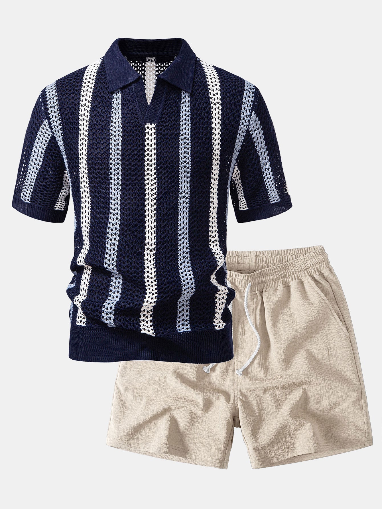 Striped Crochet V Neck Polo & Crinkle Textured Drawstring 5" Shorts