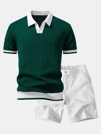 Texture Contrast Knitted V Neck Polo Shirt & Elastic Waist Chino Shorts