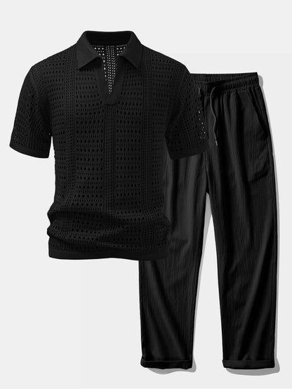 Crochet  V Neck Polo Shirt & Crinkle Textured Straight Leg Pants
