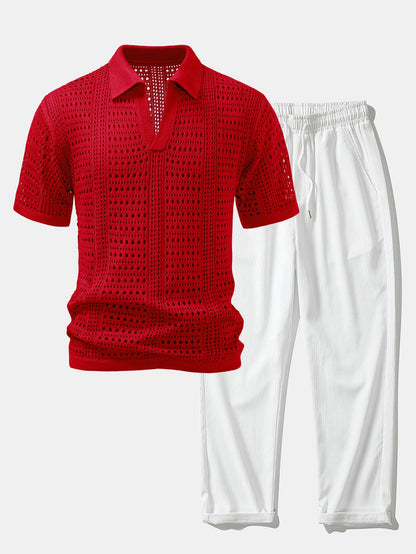 Crochet  V Neck Polo Shirt & Crinkle Textured Straight Leg Pants