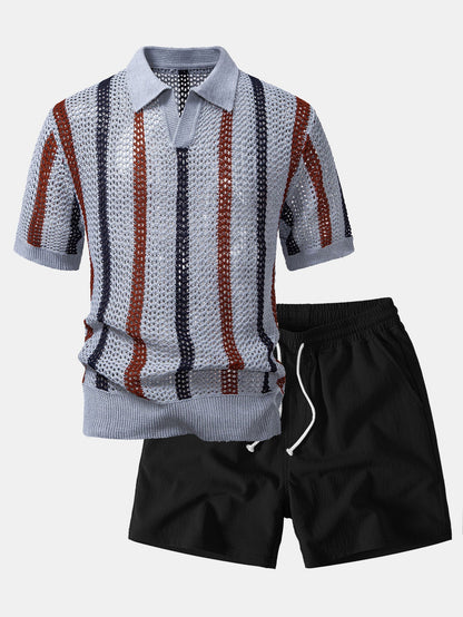 Striped Crochet V Neck Polo & Crinkle Textured Drawstring 5" Shorts