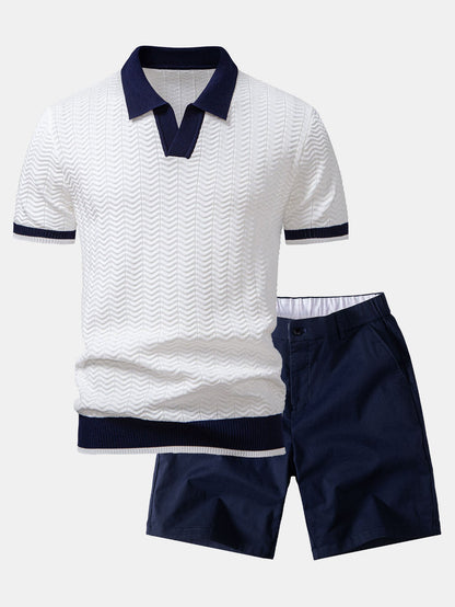 Texture Contrast Knitted V Neck Polo Shirt & Elastic Waist Chino Shorts