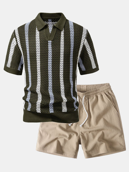Striped Crochet V Neck Polo & Crinkle Textured Drawstring 5" Shorts